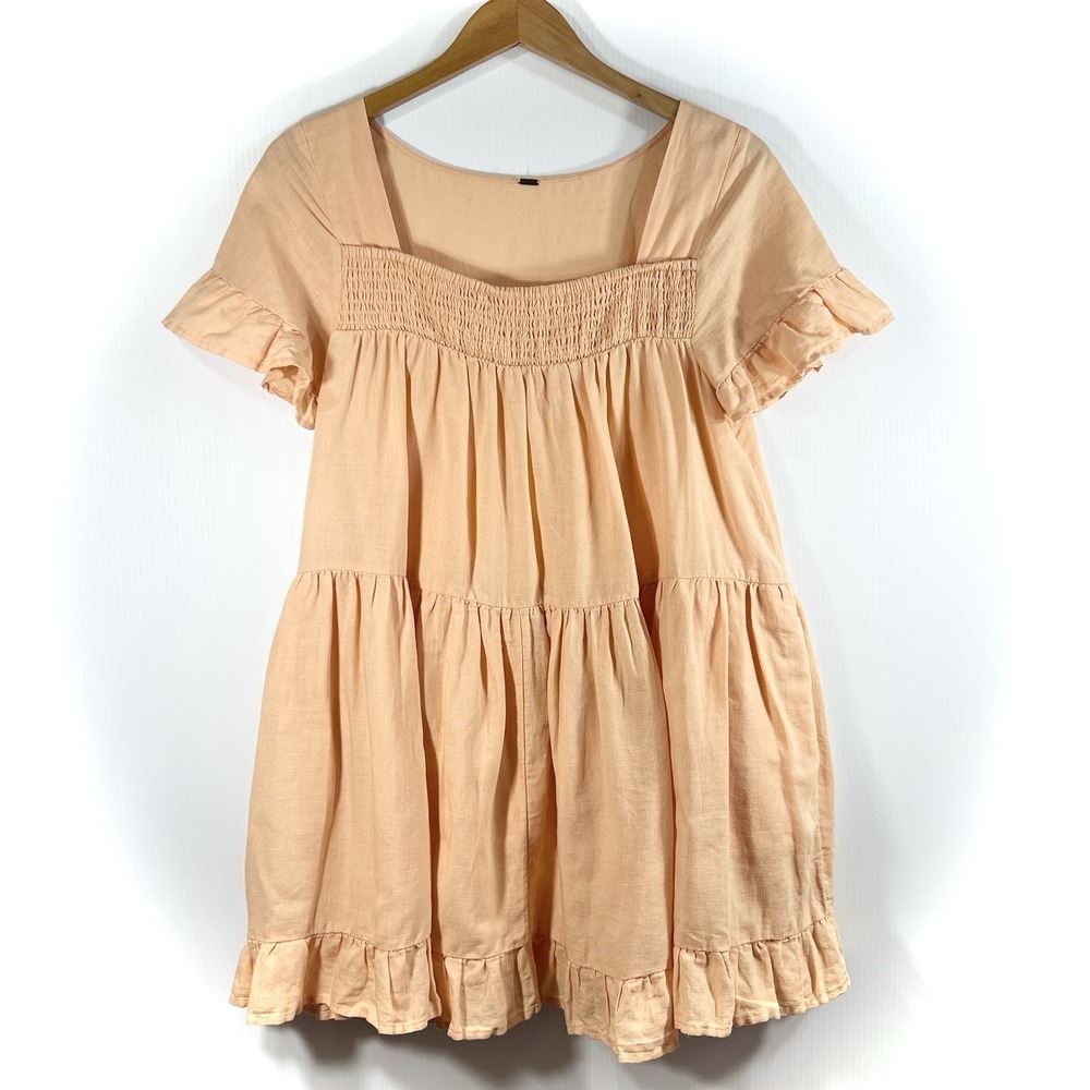Free People Linen Cotton Babydoll Mini Dress Size S Peach Ruffle Smocked Pockets